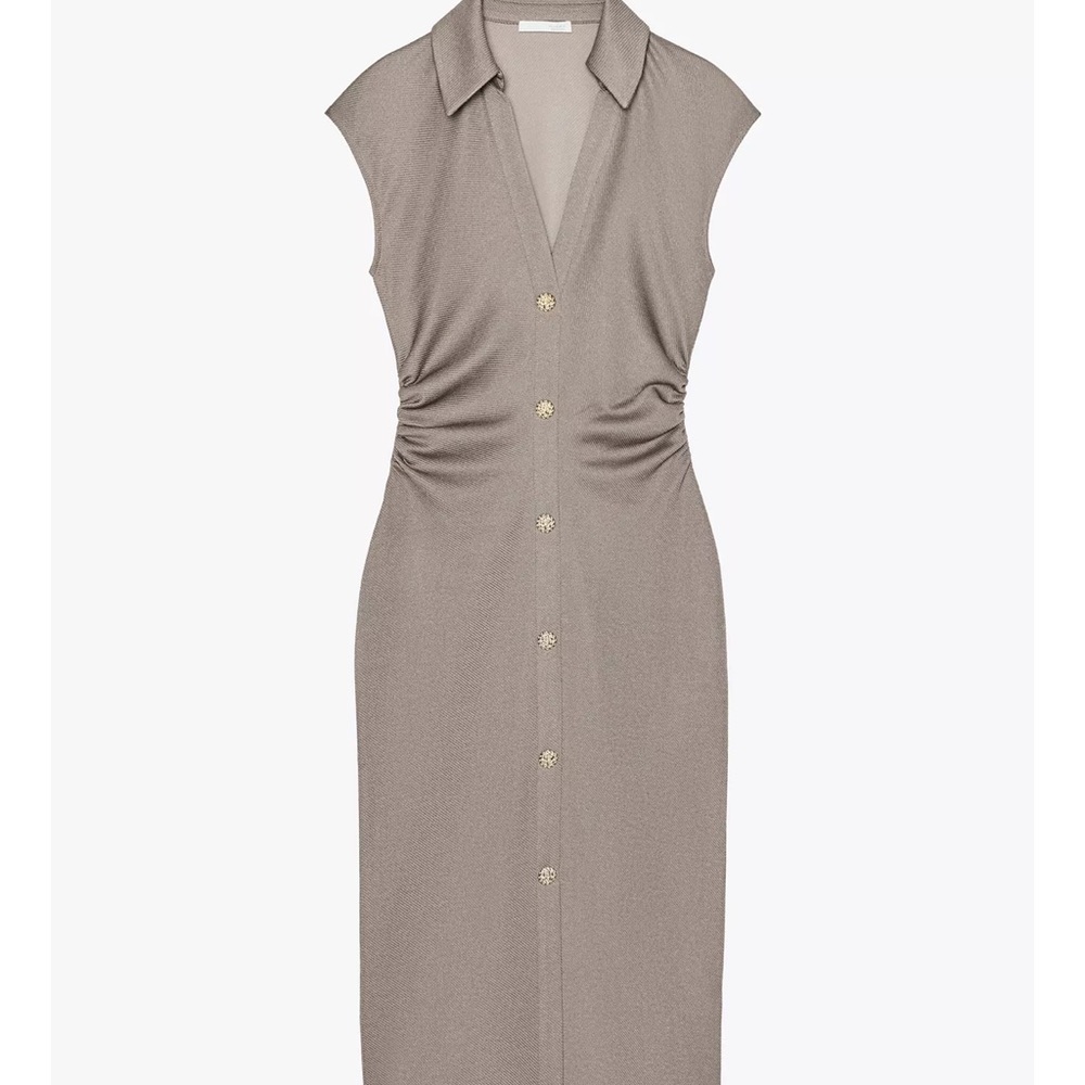 Zara Brown Ruched Midi Dress with Notched Collar